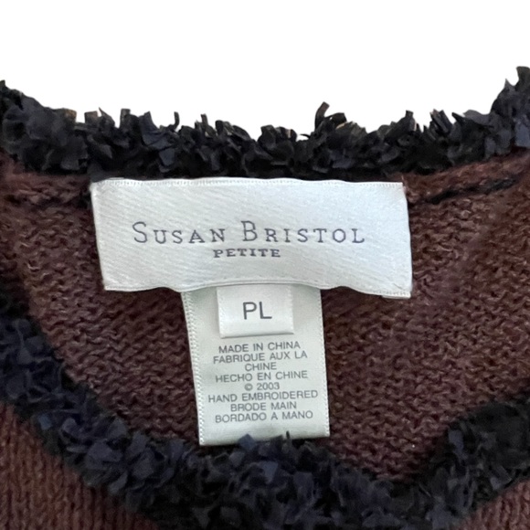Susan Bristol Cat Sweater Cardigan Beads Sequins Kamala Brown Petite Size L - Picture 3 of 8
